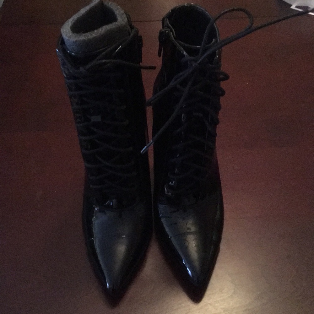 Aldo Black Patent Lace-Up Pointed Heeled Ankle Boots